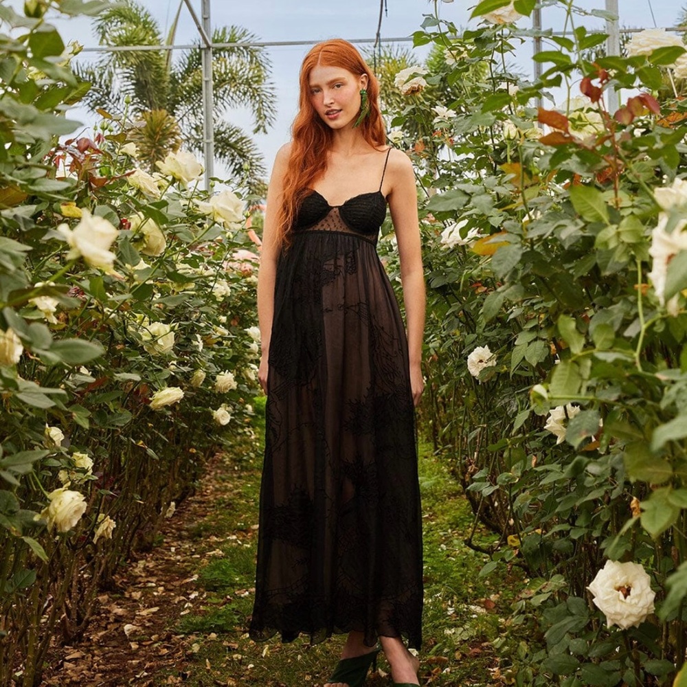 Farm Rio Elegant Black Lace Maxi Dress